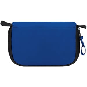 A blue first aid kit with a black zip and pull tab, featuring a logo on the surface.
