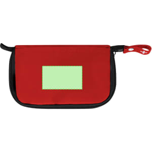A red zippered pouch with a black interior, designed to hold first aid supplies, featuring a logo.