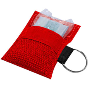 A red CPR mask keychain with a protective pouch and ring for attachment, designed for first aid use.