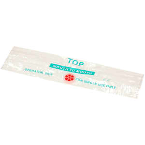 A CPR mask keychain in a clear pouch with a red valve, designed for single use in first aid situations.