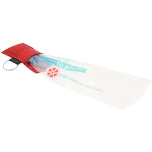 A clear CPR mask with a red pouch and keychain attachment, designed for first aid use.