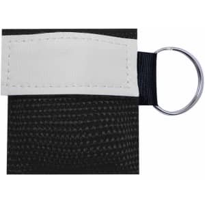 A black CPR mask keychain featuring a silver ring and a white tab for attachment. It includes a logo.
