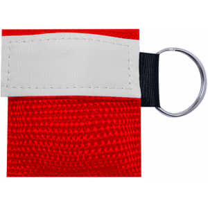 A red CPR mask keychain featuring a keyring attachment and a white patch for labelling.