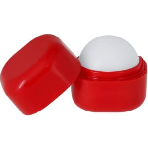 A red lip balm container with a white, dome-shaped balm inside. The lid is open.