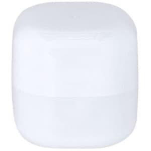A white lip balm container with a rounded lid and a smooth finish. It features a branded logo.