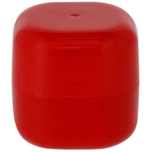 A red lip balm container with a rounded lid. It features a smooth, glossy finish.