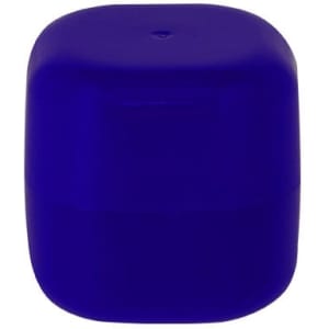A blue lip balm container with a rounded, glossy top and a simple design. It features a logo on the side.