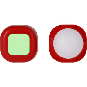 A red Delox Lip Balm container with a smooth, rounded top and a square base, featuring a branding logo.