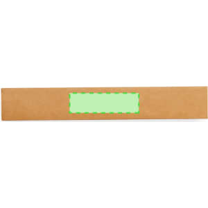 A long, rectangular cardboard box with a blank, green label in the centre. The box is brown in colour.