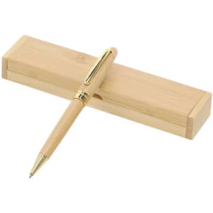 A wooden pen with a gold accent, placed on a bamboo box for storage. The set features a natural finish.