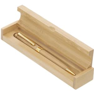 A wooden pen in a bamboo case, featuring a gold trim and a smooth finish. The case has a simple, elegant design.