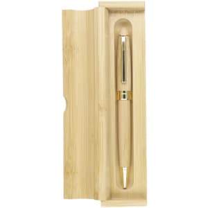 A wooden pen in a bamboo case, featuring a light wood finish and gold accents. The case has a smooth, natural texture.