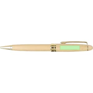 A wooden pen in a light beige colour with gold accents and a small green area, featuring a clip for easy carrying.