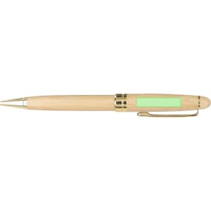A wooden pen with a sleek design, featuring a natural finish and gold accents. It includes a branding area.