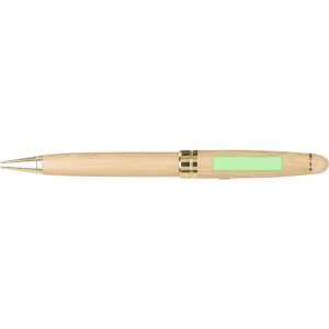 A wooden pen in a natural finish with gold accents and a green section, featuring a logo.