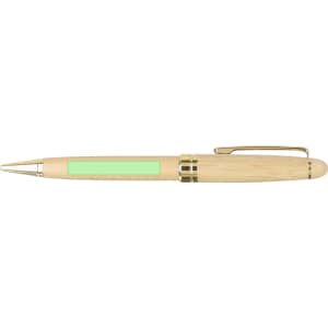 A wooden pen featuring a light green accent and gold detailing, with a clip and a branding logo.