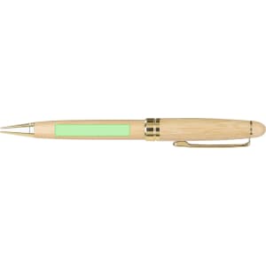 A wooden pen in natural wood finish with gold accents and a green section for branding, featuring a clip.