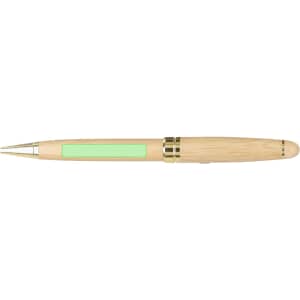 A wooden pen in a natural finish with a green accent and gold detailing. It features a logo on the side.
