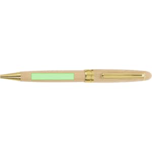 A wooden pen in a natural finish with gold accents and a green panel on the barrel.