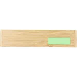 A wooden pen made of bamboo with a light green accent, featuring a branding logo on its surface.