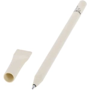 A cream-coloured pen with a cap, featuring a simple design and a branding logo.