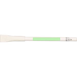 A white pen with a green grip and a flat tip, featuring a branding logo.