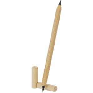 A wooden pencil pen in natural colour, upright with two removable caps beside it. It features a logo.