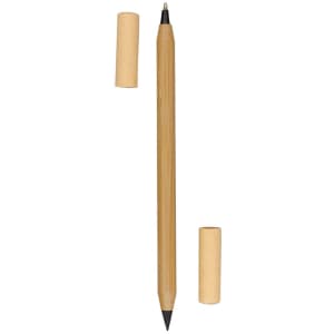 A wooden pencil pen in natural bamboo colour, with two removable caps. Features a branding logo.