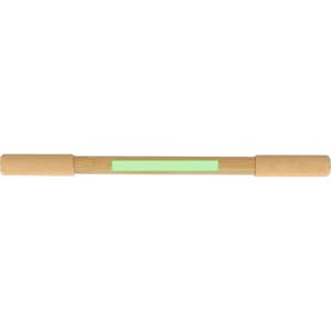 A wooden pencil pen in a natural finish with a green accent and end caps, featuring a logo.