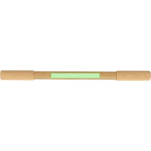 A wooden pen in a natural finish with light green accents and a logo.