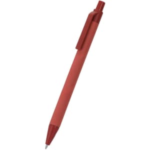 A red pen with a clip and a smooth barrel design. The pen features a logo on its surface.