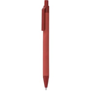 A red pen with a clip and a glossy finish, featuring a logo on the body.