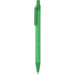 A green pen with a clip and a silver tip, featuring a simple design and a branding logo.