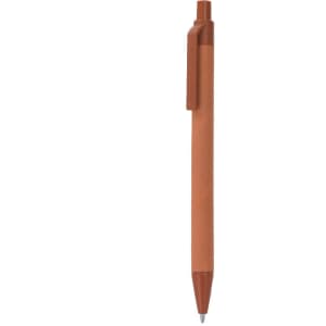 A brown pen with a sleek design, featuring a clip and a logo. Ideal for writing tasks.