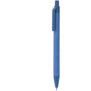 A blue pen with a clip and a rounded tip. The pen has a simple design and features a logo.