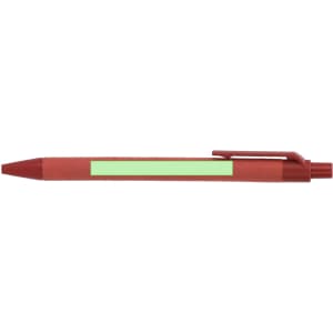 A red pen with a green accent and a clip, featuring a branding logo.