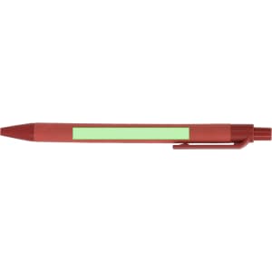 A red pen with a green accent, featuring a clip and a branding logo.