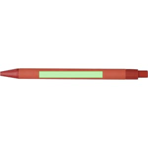 A red pen with a green accent strip and a cap, featuring a logo on its side.
