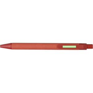A red pen with a green accent area and a clip, designed for writing. It has a smooth, sleek shape.