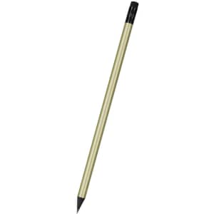 A gold-pencil with a black tip and black end, featuring branding. Ideal for various writing tasks.