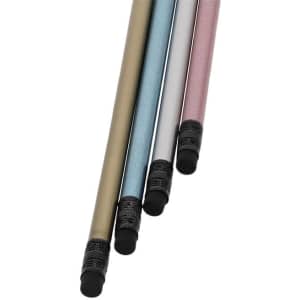 A set of four Lekar coloured pencils in gold, blue, silver, and pink with black tips and a branding logo.