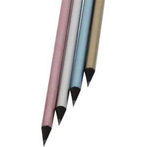 A set of four coloured pencils in pink, white, blue, and gold, featuring sharpened tips and a logo on one.