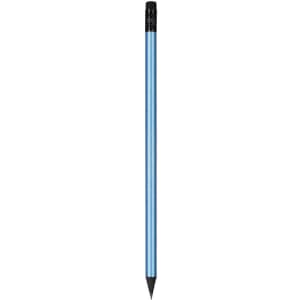 A blue coloured pencil with a black tip, featuring a logo on its side.