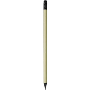 A coloured pencil with a gold barrel and black tip, featuring a logo at the top.