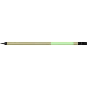 A coloured pencil featuring a green body and black tip, with a logo on the side.