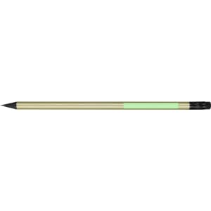 A coloured pencil with a green body and a black cap, featuring a branding logo.