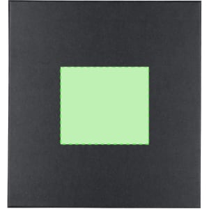 A black gift box with a square cut-out revealing a light green inner surface. It features a logo on the exterior.