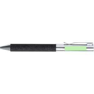 A black and silver pen with a textured grip and a green accent. It features a clip and has a logo.