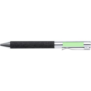 A black pen with a textured grip and a silver clip, featuring a highlighted section in green.