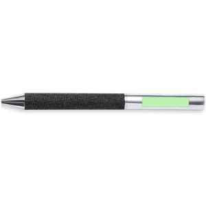 A sleek black and silver pen with a textured grip and a green accent, featuring a logo.